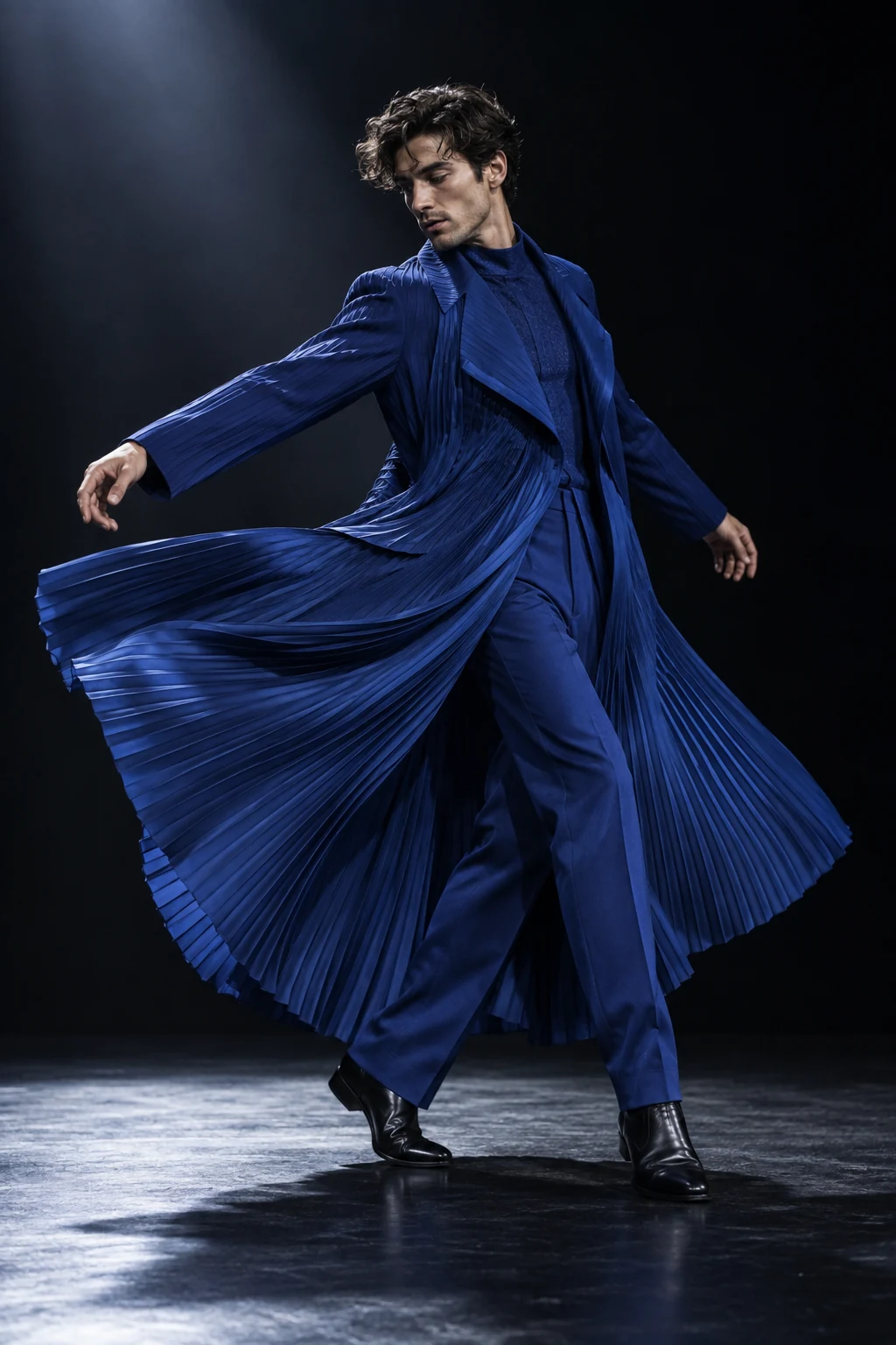 Cobalt pleated performance coat concept in motion