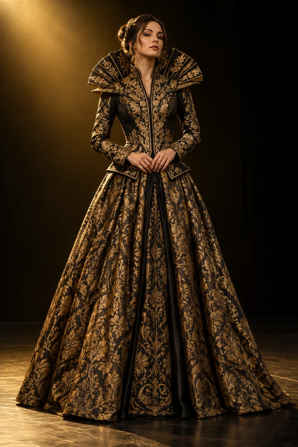 Black and gold theatrical costume concept with a sculptural collar